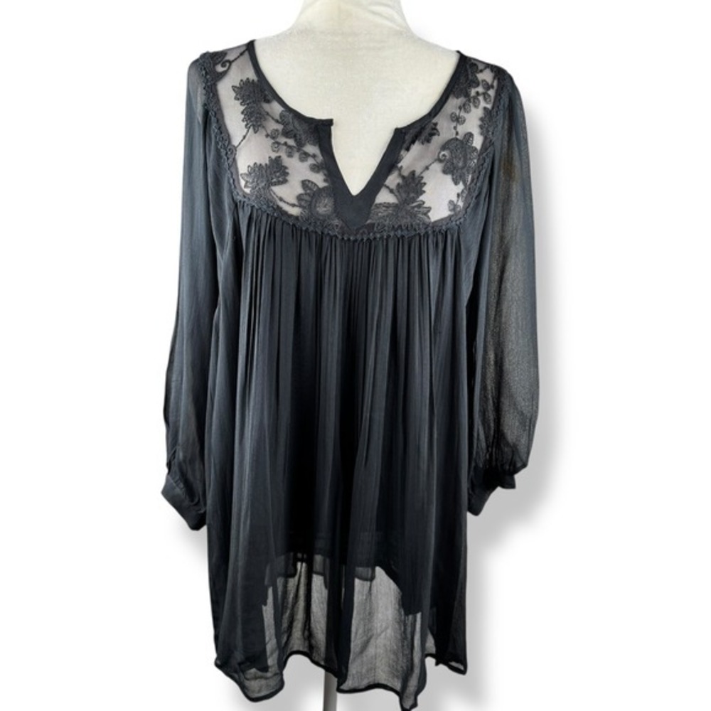 World Market Black Lace Peasant Top Size Large XL Tunic Whimsigoth Dark Coquette